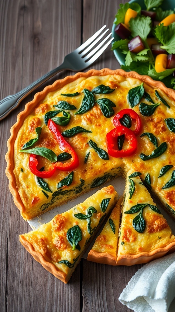 Savory Quiche without Cream Recipe A slice of savory quiche without cream, filled with spinach and bell peppers, on a wooden table with a fresh salad.